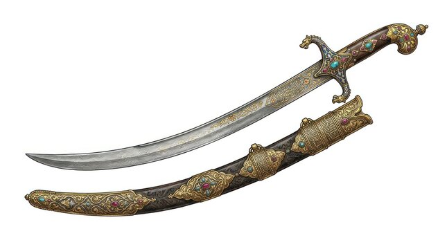 Ornate curved saber with decorative scabbard isolated on white background