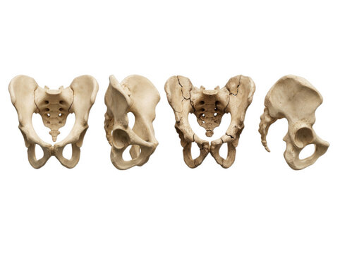 Comparative set of human pelvis bone models in various angles isolated on transparent background