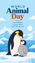 Obraz premium Adult and baby penguin standing on snowy ice floe under bright blue sky for annual world animal
