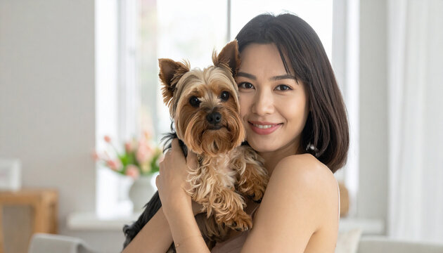 A joyful Asian woman tenderly embraces her small Yorkshire Terrier dog at home. This heartwarming scene captures pure companionship, radiating unconditional love, comfort, and domestic happiness.