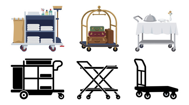 Vector collection featuring different hotel trolleys, bellman trolley, luggage trolley, service trolley, housekeeping trolley, utility trolley and folding hotel trolley
