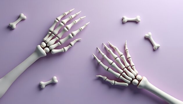 Two human skeleton hands with scattered bones on a soft pastel purple background view