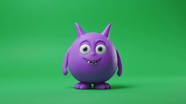 Cute Purple Monster Character with Horns and Big Eyes on Green Background.