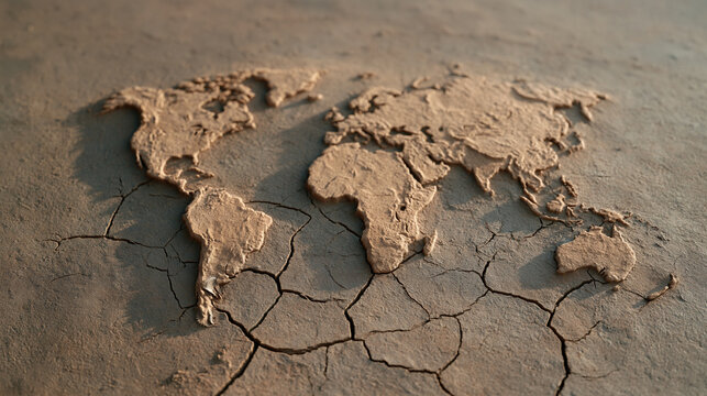 Global map visualization made from actual drought cracked soil texture showing affected continents, conceptual climate communication world geography environmental data