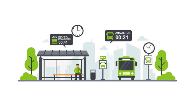 Smart City Public Transit Bus Stop Illustration with Real-Time Arrival Data