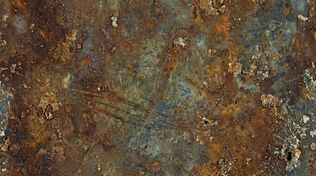 Seamless oxidized metal grunge texture featuring layered rust, natural patina, fine corrosion marks, mineral deposits, microscopic scratches, and weathered industrial surface details. Suitable for bac