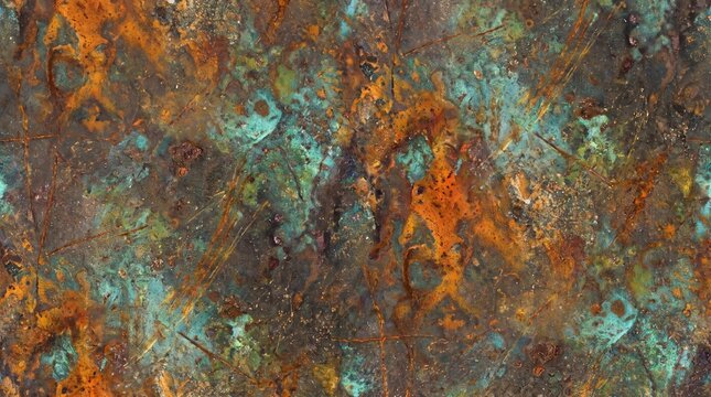 Seamless oxidized metal grunge texture featuring layered rust, natural patina, fine corrosion marks, mineral deposits, microscopic scratches, and weathered industrial surface details. Suitable for bac