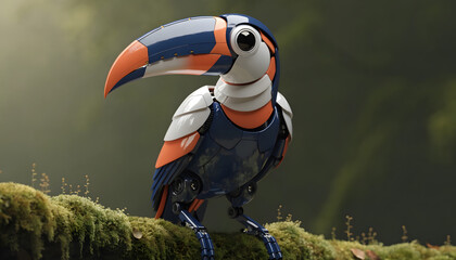 Fototapeta premium Robotic mechanical toucan bird in tropical forest. Bionic wildlife and robotics technology. Cybernetic animal perching on a mossy branch in natural wilderness