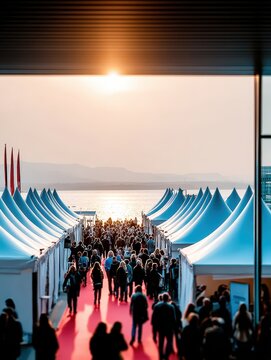 A large crowd walks along a red carpet lined with tents, towards a sunlit body of water, possibly attending an event or fair
