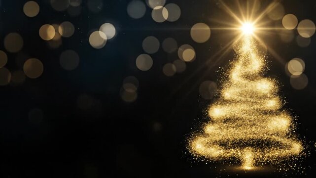 Sparkling golden particle Christmas tree on black background as a perfect celebratory elegant video loop