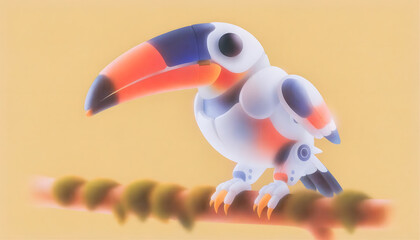 Fototapeta premium Stylized frosted bionic toucan bird on perching bar. Minimalist robotics and modern toy design. Translucent mechanical tropical bird perching on mossy branch
