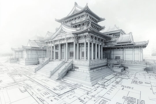 Multi-Angle Sketch of a Historic Wooden and Stone Chinese Structure