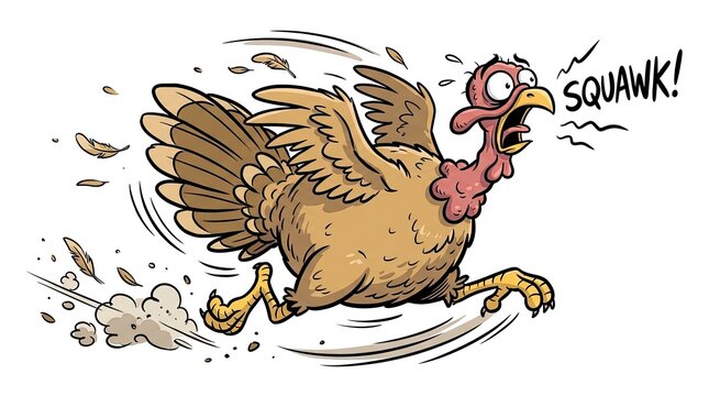 A cartoon turkey in flight expressing panic and a sense of impending thanksgiving dinner