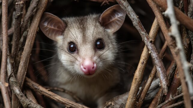 A cute common brushtail possum peers out from its nest of twigs, with its bright eyes and pink nose lending the animal a charismatic presence