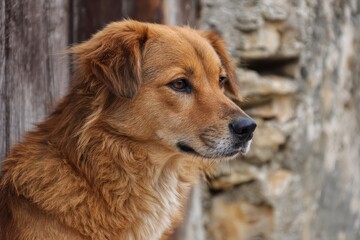 Obraz premium A beautiful brown dog rests in front of a textured background, highlighted by its soft fur and calm