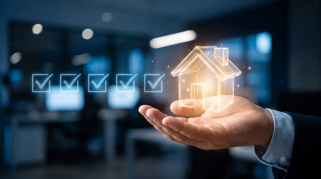Glowing holographic house icon held in hand alongside floating blue checkmark symbols representing successful real estate mortgage loan processing steps