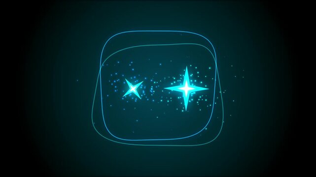 Glowing cyan star icons with dynamic light particles and soft rounded border lines on a dark blue background for modern digital design and abstract tech graphics 4k Motion Video