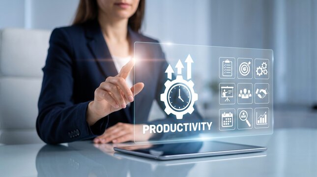 Businesswoman interacting with a digital holographic interface to optimize corporate workflow efficiency through advanced professional software tools and modern technology
