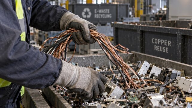 Worker Separating Reusable Copper Wiring from Discarded Electrical Equipment