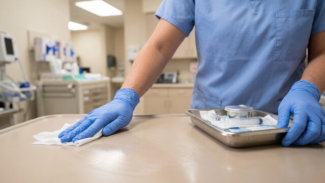Healthcare Worker Cleaning Surface for Infection Prevention Procedures