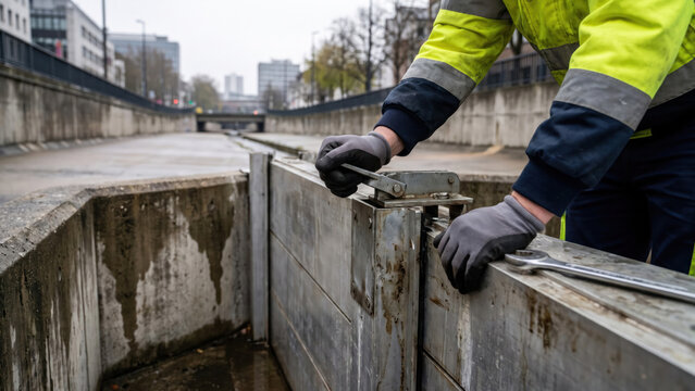Worker Inspecting Flood Barrier Connection in Urban Drainage System