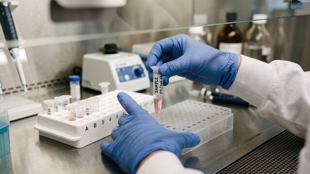 Laboratory Worker Transferring Biological Samples Under Controlled Conditions
