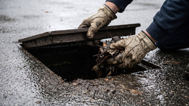 Worker Clearing Sediment from Storm Drain Before Heavy Rainfall Event
