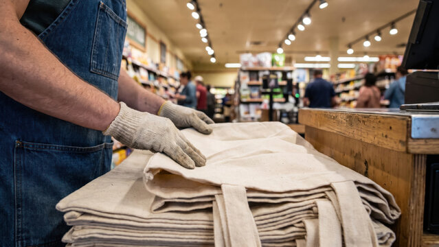 Worker Preparing Reusable Shopping Bags Ahead of Peak Holiday Demand