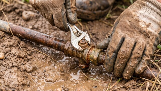 Worker Repairing Damaged Valve to Conserve Water in Irrigation System