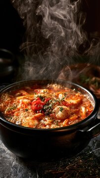 Steam rising from a hot bowl of Korean spicy fish soup, boiling bubbles, dynamic food photography
