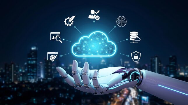 Robotic hand displays glowing blue cloud computing network icons with connected data symbols in a highly modern digital interface design