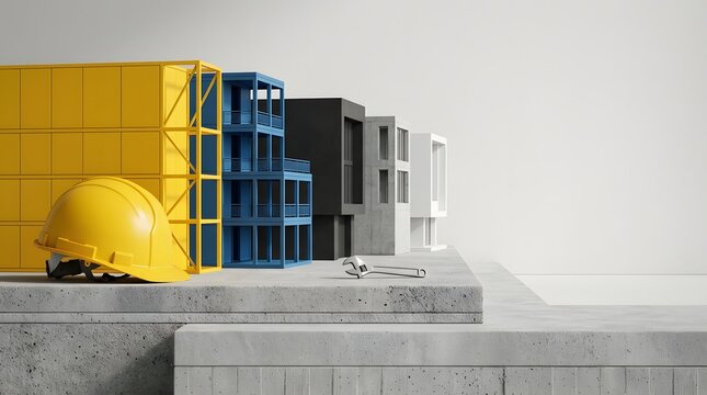 Modern architecture with yellow and blue facade details against a bright sky
