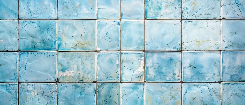 A grid of cracked and aged tiles in cool tones of blue and gray, showcasing imperfections and a sense of time-worn character.