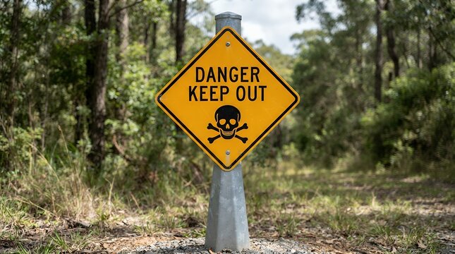Yellow danger keep out sign with skull and crossbones, warning signal in forest environment, hazardous area notification on metal post