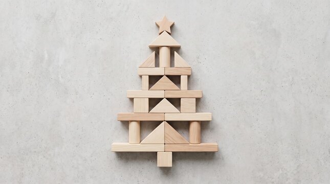 Minimalist Christmas tree sculpture constructed from natural wooden building blocks featuring geometric shapes and a star topper for festive decoration