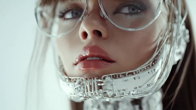 Woman wearing futuristic visor and cybernetic neck hardware.