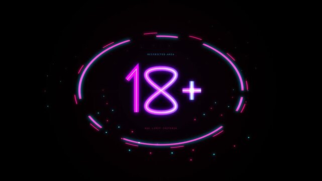 Neon eighteen plus symbol glowing with bright pink and blue light on a dark background for age restricted content warning sign or digital media entertainment label 4k Motion Video