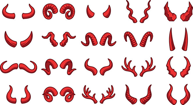 Red devil and monster horns collection cartoon vector illustration set isolated on white background for Halloween design