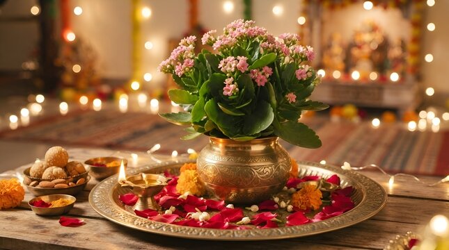 Image features a traditional and vibrant still life arrangement with a focus on a central potted plant placed in an ornate, golden brass pot. The plant has lush green leaves and small pink flowers, ad