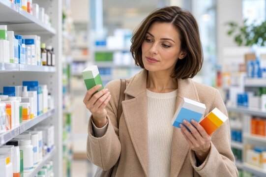 Woman comparing unbranded cold relief products in a pharmacy, illustrating seasonal healthcare, OTC medicine and self-care.