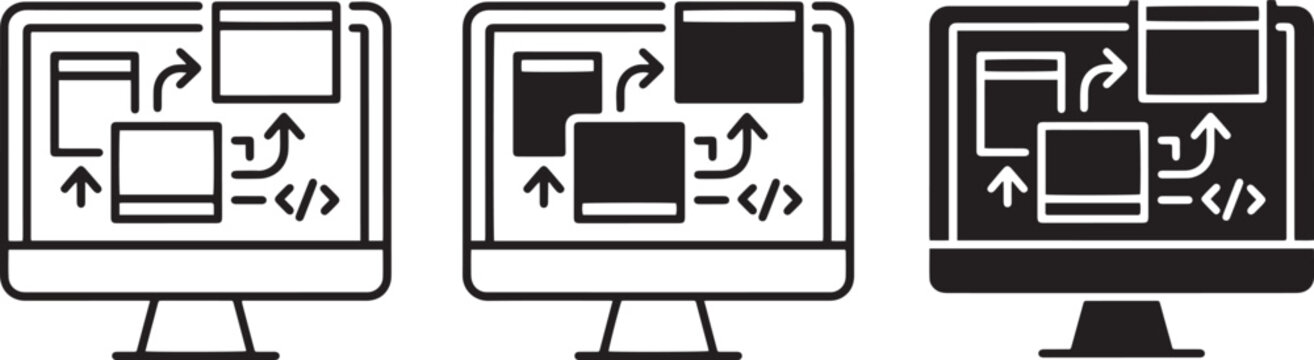 Computer Screen Workflow, UI Design Elements, Code Snippets, Process Flow Icons