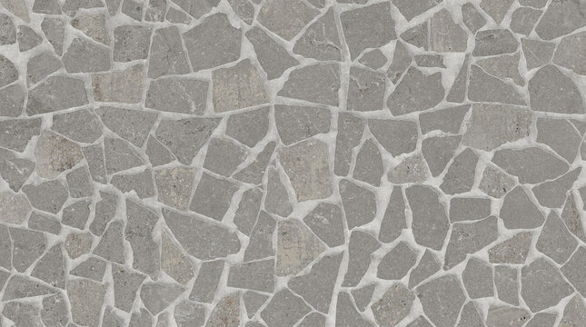 Grey stone mosaic wall texture, natural flagstone pavement background, irregular slate tile pattern for architectural design and exterior flooring