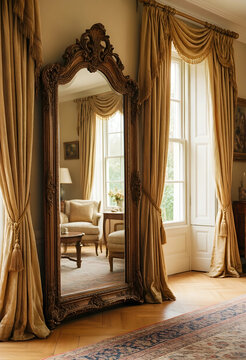 Interior design and luxury home decor, ornate antique floor mirror in a classic living room with golden curtains and hardwood floors in a manor house