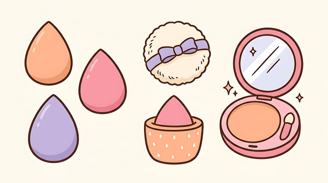 Hand drawn cosmetic makeup sponges and powder compact set on cream background