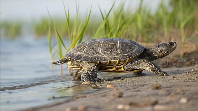 A female diamond-backed terrapin (Malaclemys terrapin) is looking for somewhere to nest, the Hudson estuary, New York, USA.
