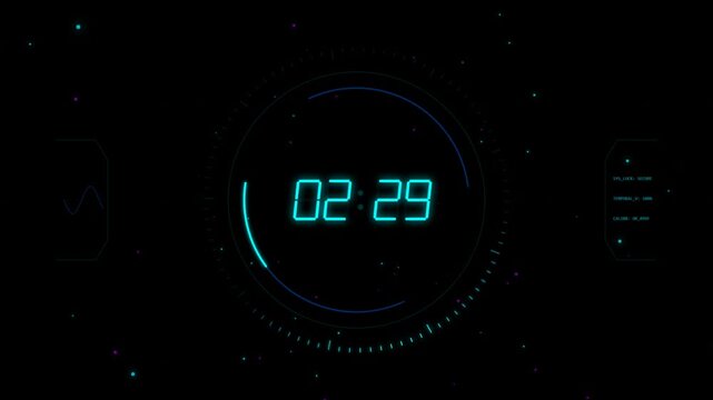 Glowing digital clock timer showing four twenty nine on a dark futuristic interface background with neon teal light elements and abstract particles in motion for tech design 4k Motion Video