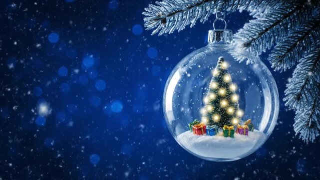 A stunning transparent bauble containing a tiny glowing tree on snowy pine branches creates a perfect whimsical concept for festive seasonal events