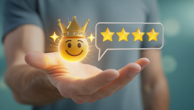 Hand holding a 3d rendered happy emoji wearing a crown with a fourstar rating speech bubble