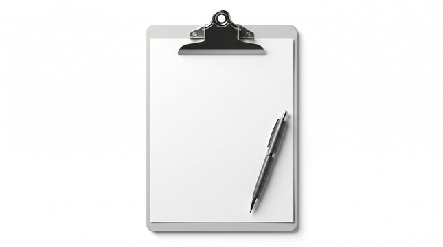Clipboard with blank white paper and a black pen isolated on a white background with clipboard holds single