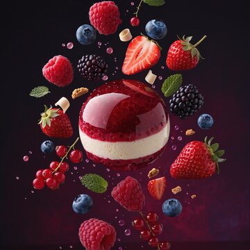A realistic slice of delicate sponge cake with cream and berry filling, decorated with strawberries, raspberries, blackberries, and blueberries. The berries are floating in the air against a dark back